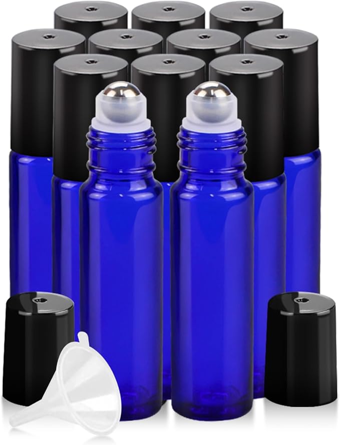12 Pack Essential Oil Roller Bottles, 10ml Refillable Glass Roller Bottles with Stainless Steel Roller Balls and Caps for Travel, Perfume and Lip Gloss Blue