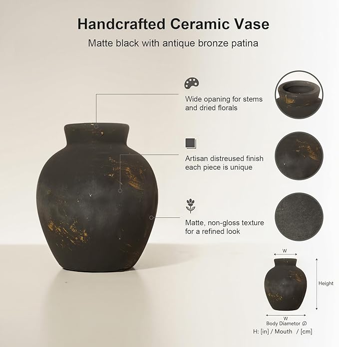 Ceramic Flower Vase, 6-Inch Black Pottery Rustic Farmhouse Boho Vase, Handcrafted Decorative Vase for Home Decor, Centerpieces, Table, Living Room, Mantel, Shelf