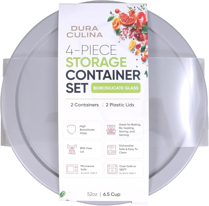 4-Piece Glass Food Storage Containers Set (2 Containers + 2 BPA-Free Lids) | 6.5-Cup, Leakproof | Microwave, Freezer, Oven & Dishwasher Safe | Ideal for Meal Prep & Pantry Organization, Grey