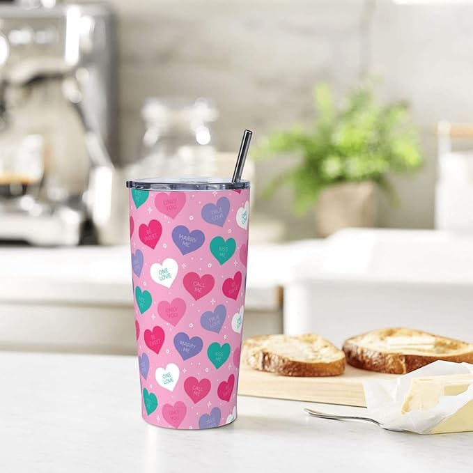 Valentine’s Day Tumbler,Heart 20oz Stainless Steel Insulated Travel Tumblers,Travel Coffee Mug with Lid and Straw Water Bottle Drink Tumbler Cups Gifts for Women Men Lovers