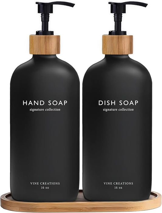 Vine Creations Black Glass Soap Dispenser Set, Hand Soap and Dish Soap Dispenser Set with Bamboo Tray, 16 oz Glass Dispensers Bottle for Kitchen and Bathroom Decor Modern Boho with Bamboo Pump (Black)