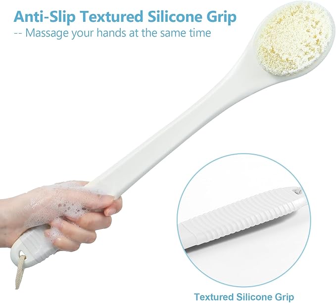 17-Inch Back Scrubber for Shower, Anti-Slip Exfoliating Body Brush for Bath, Gentle Back Brush for Shower for Men, and Women, Cleaning Skin for Smooth, Glowing Skin (White)