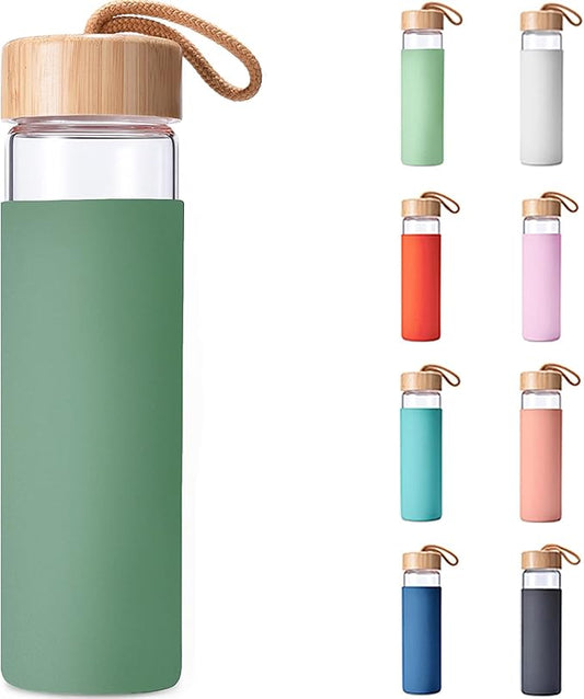 20 Oz Borosilicate Glass Water Bottles with Silicone Sleeve BPA Free, Dishwasher Safe - Reusable Clear Glass Drinking with Leak Proof Bamboo Lid | Perfect Gym Water Bottles for Men & Women