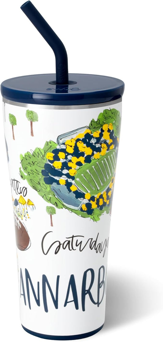 Swig Life 32oz Straw Tumbler, Travel Coffee Tumbler with Lid, Cup Holder Friendly Travel Coffee Mug, Stainless Steel, 32 oz Reusable Insulated Coffee Mug (Saturdays In Ann Arbor)