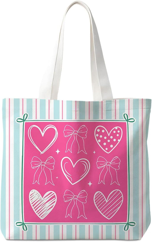 Animals-Flowers-Fruits-Bow Valentines Canvas Heart Tote Bag, Coquette Reusable Shopping Grocery Bags