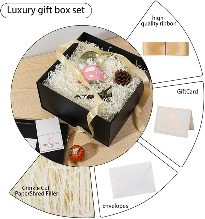 UoeRing 2Pcs Black Extra Large gift box with lids 13×13×7 Inches gift boxes for presents,Birthday Box (include Ribbon, Paper Shred Filler Gift Card & Envelopes)