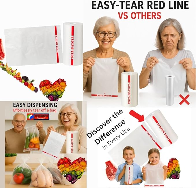 Plastic Produce Bags on Rolls – 1000 Count (2 Rolls), 10 x 15 in, Clear Food Storage Bags with Easy Tear Red Line, for Fruits, Vegetables, Meat, Freezer, Grocery & Commercial Use-TOTA-BATOTA