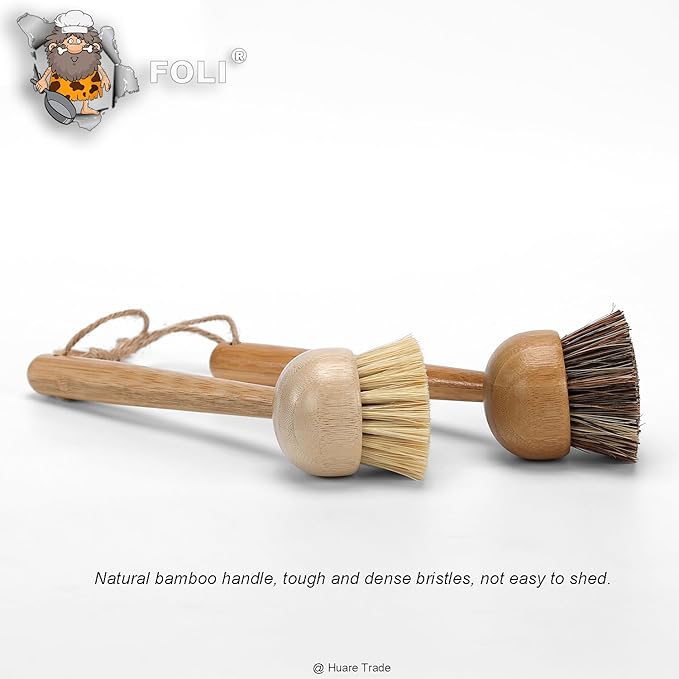 FOLI Bamboo Handle Dish Scrub Brushes - Wooden Cleaning Scrubbers with Stiff Bristles for Washing Kitchen Cast Iron Pan Pot (2PCS with Sisal & Palm Bristles, Long Handle)