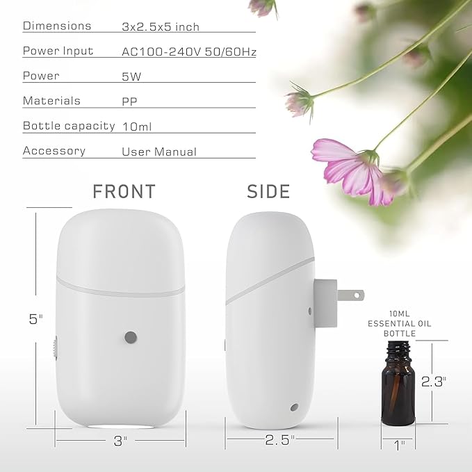 Essential Oil Diffuser, Plug in Waterless Diffuser with Night Light Small Aroma Diffuser Scent Air Machine, Compatible with 10ml of 100% Pure Essential Oil, Aromatherapy Diffusers for Home, Office