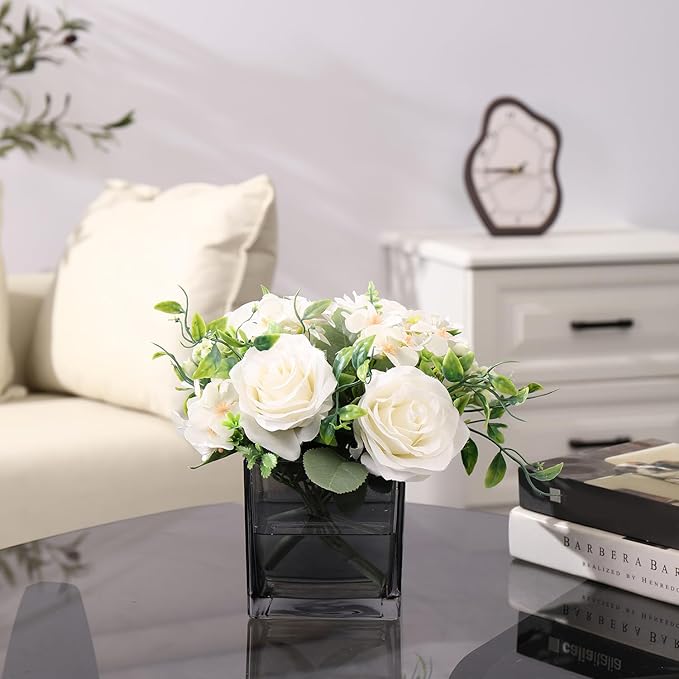 Square Glass Vases Set of 9, 5" x 5" x 5" Grey Flower Vases for Centerpieces, Square Vase for Flowers, Small Vase for Wedding, Party, Home Office Decoration