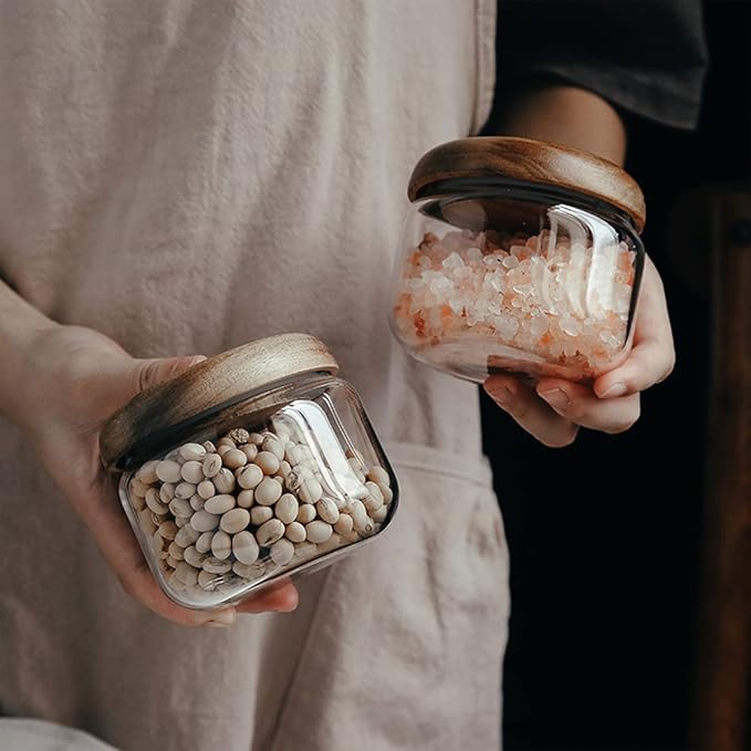 Glass Food Storage Containers With Wooden Lids - Small Coffee Jars - Pantry Organization For Overnight Oats, Cereal, Rice, Candy (14oz(400ml))