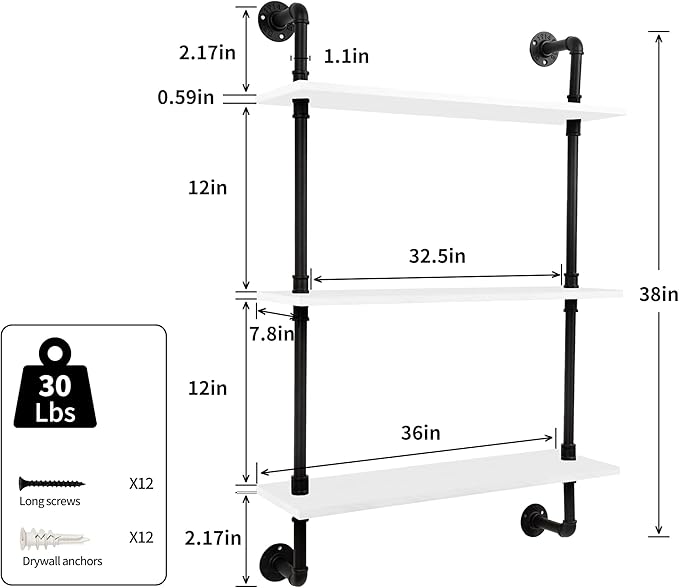 3-Tier Industrial Pipe Floating Shelf – Rustic 36 inch Wood Wall-Mounted Storage Shelf for Kitchen Office,Bathroom & Home Decor -White