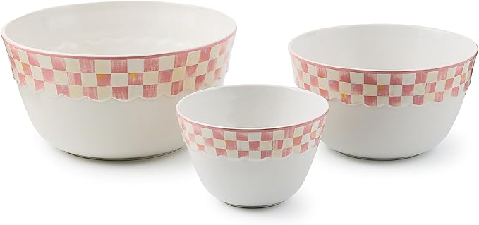 MACKENZIE-CHILDS Set of 3 Everyday Mixing Bowls, Small, Medium, and Large Stoneware Bowls for Kitchen Use, Pink-and-White Rosy Check