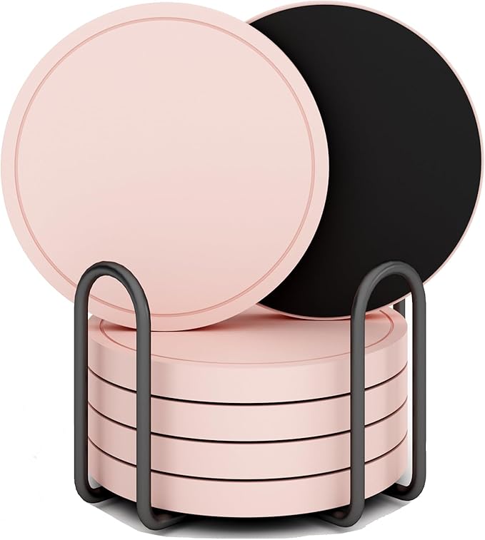 Azhou 6Pcs Drink Coaster with Holder, Pink Absorbent Coasters for Drinks, Non-Slip with Velvet Bottom, Thick Heavy Duty 4 inch Ceramic Coasters, Home Decor Coffee Bar Accessories