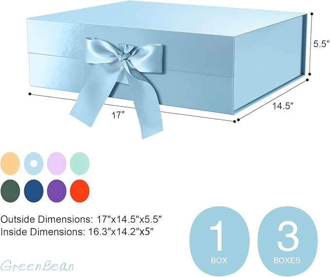 GREEN BEAN Extra Large Gift Box with Lid for Present 16.3x14.2x5 Inches, Fathers Day Baby Blue Magnetic Gift Box with Ribbon, for Clothes and Large Gifts (Glossy Baby Blue)