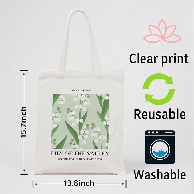 Flower Canvas Tote Bag, May Dily of The Valley Reusable Shoulder Bags, Gifts to Sister and Friends, Holiday Gift Bags for Wrap Storage, Casual Canvas Totes for Work Traveling
