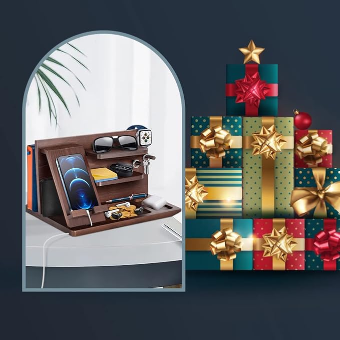 Gifts for Men Bedside Organiser Wood Phone Docking Station Dad Birthday Gifts for Him Nightstand Key Wallet Watch Stand Mens Gifts for Xmas Presents for Dad Husband Boyfriend Anniversary & Christmas