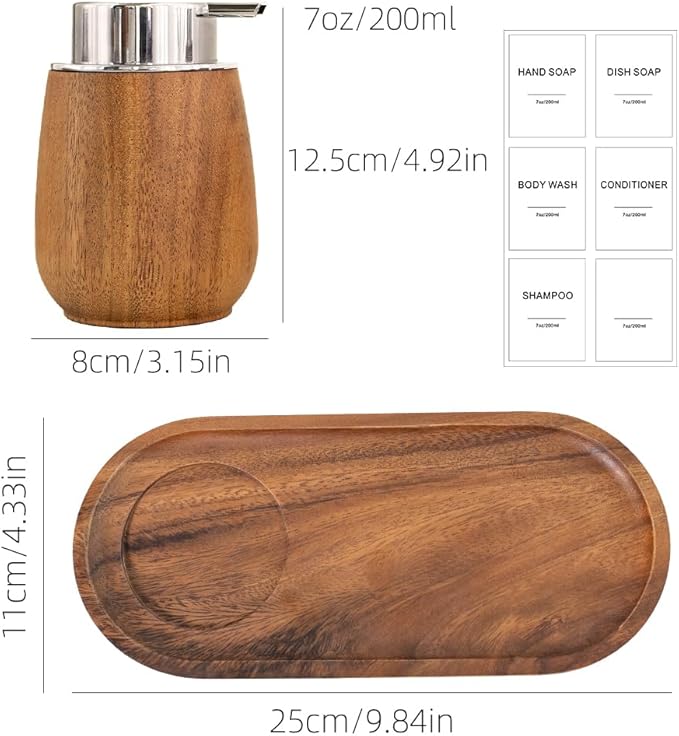 Walnut Wood Soap Dispenser Set with Tray, 7oz/200ml Foaming Hand Soap Dispenser with 6 Labels, Wooden Bathroom Organizer Tray for Toiletries & Aromatherapy, Countertop Bathroom Accessories