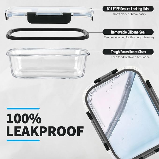 42pcs Glass Food Storage Containers with Snap Locking Lids Set, Glass Meal Prep Containers (21 Container & 21 Lids),Leak Proof Lunch Containers BPA-Free,Black