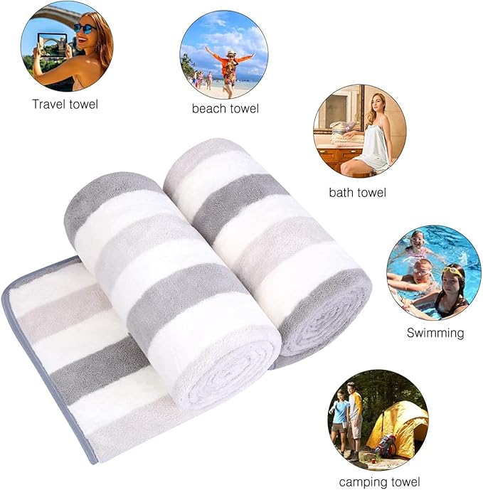 JML Large Microfiber Bath Towels for Adult, 2 Pack, 30" x 60", Oversized Fleece Cabana Stripe Towels Grey, Soft, Super Absortbent, Fast Drying for Suana,Shower,Bathroom,Sport,Fitness,Yoga