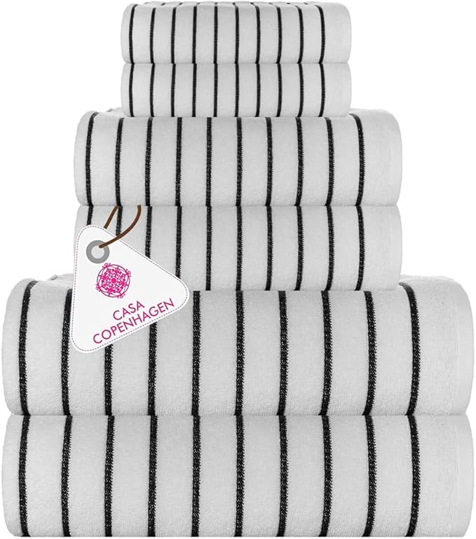 CASA COPENHAGEN Ecstatic 6 Pieces Towel Set- White, 600 GSM 2 Bath Towel 2 Hand Towel 2 Washcloth, Designed in Denmark Made of Soft Egyptian Cotton for Bathroom, Kitchen & Shower