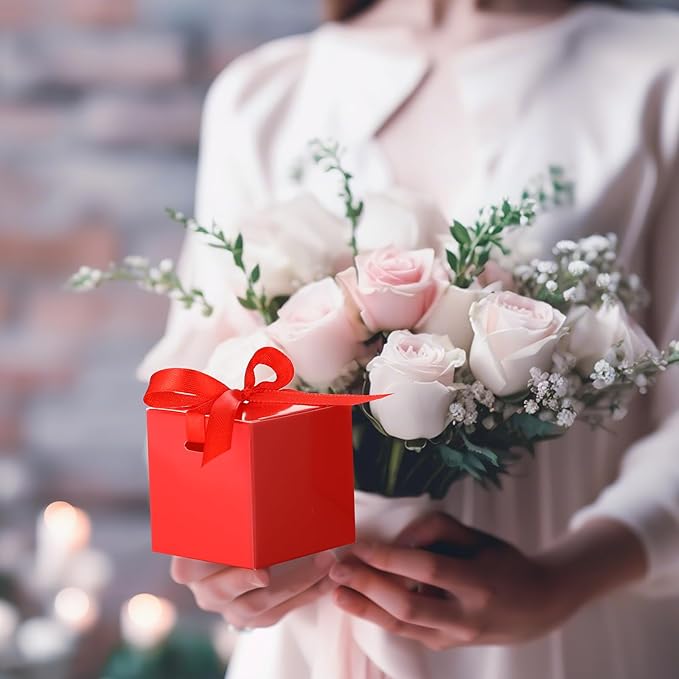 48 Pcs Christmas Gift Boxes with Ribbon Small Party Favor Boxes with Lids Mini Treat Candy Container for Wedding, Party, Birthday, Valentine's Day and More(Red,2 Inch)