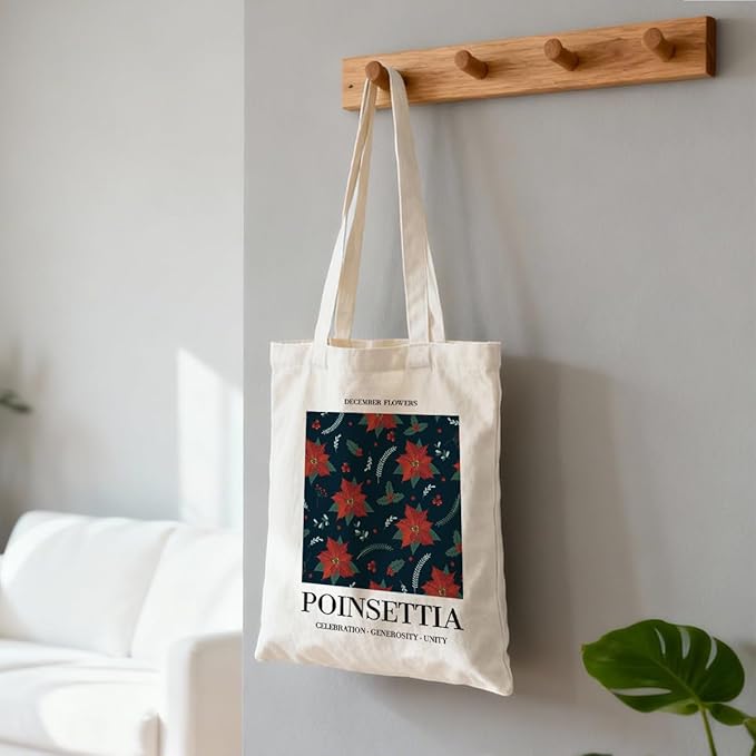 Flower Canvas Tote Bag, December Poinsettia Reusable Shoulder Bags, Christmas Gifts to Sister and Friends, Casual Canvas Totes for Work Traveling, Holiday Gift Bags for Wrap Storage