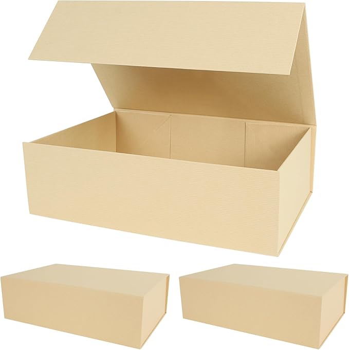 Aimyoo Striped Brown Collapsible Gift Box with Magnetic Closure Lids 13.8x9x4.3 in, Bridesmaid Groomsmen Proposal Box, Large Rectangle Box for Present Graduation Storage 3 Pack