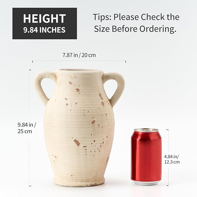 Large Ceramic Rustic Vase with 2 Handles, 9.8 inch Farmhouse Distressed Flower Vase for Home Decor, Living Room, Shelf Decor, Pampas Grass, Enterway, Table Decoration, Gift, White