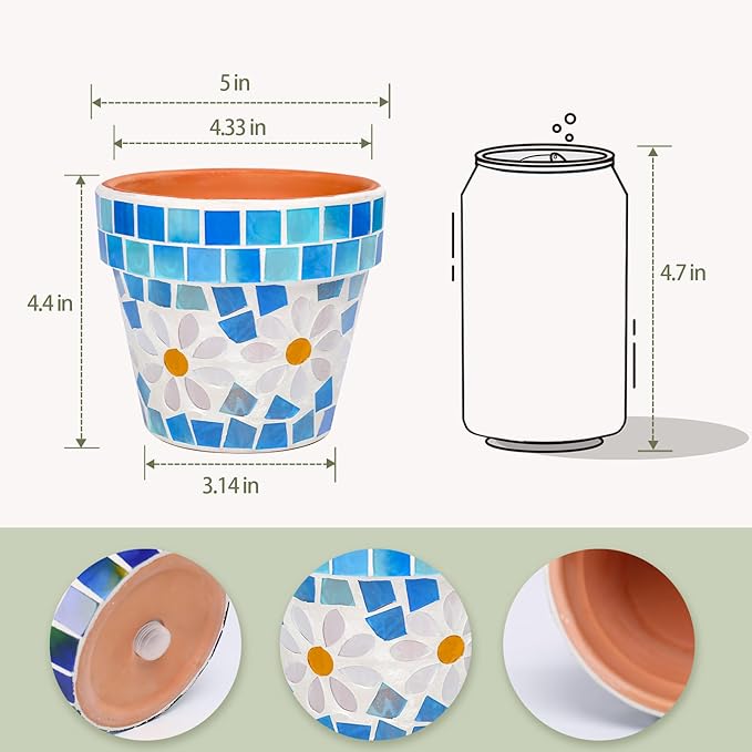 4" Mosaic Terracotta Flower Pot Small Succulent Planter with Drainage Mini Succulent Nursery Pot for Indoor Outdoor Plants Light Blue