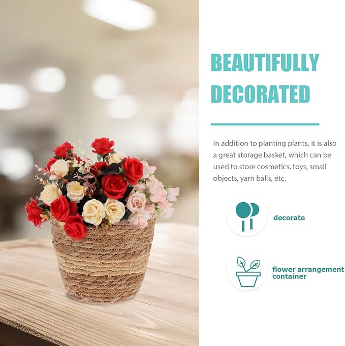 Zerodeko Flower Girl Basket Woven Plant Basket Seagrass Belly Rattan Flower Pot Wicker Planter Pen Pencil Holder Rustic Plant Pot Grocery for Laundry Picnic 18cm Home Decor