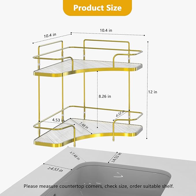 FOLLOWIN 2 Tier Bathroom Corner Countertop Organizer,Make Up Organizers and Storage,Corner Counter Shelf,Skincare Makeup Cosmetic Vanity Lotion Perfume Organizers Holder,Shine Gold
