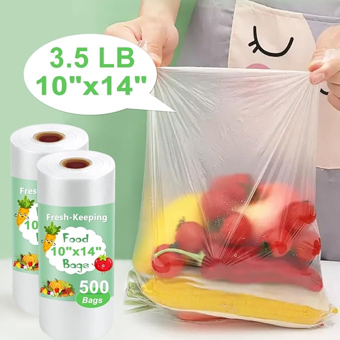 Plastic Produce Bags Roll, 10" x 14" Disposable Food Bag, Fresh-Keeping Plastic Bags for Food, Fruit, Vegetable, Bread, Refrigerator Storage, Kitchen, Supermarket, 2 Roll 1000 Storage Bag
