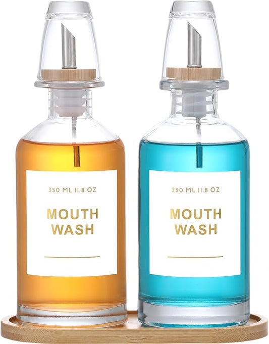 11.8OZ Glass Mouthwash Dispenser for Bathroom with Stainless Steel & Bamboo Nozzle, Mouthwash Cup Reusable, Bamboo Tray, and Elegant Gold Sticker.Set of 2（Clear