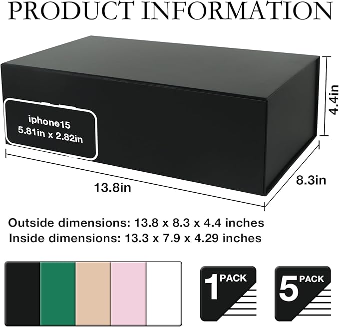 Black Gift Box with Magnetic Lids 13.8x8.3x4.4 in, Large Bridesmaid Groomsman Proposal Boxes, Rectangle Storage Box 5 Pack