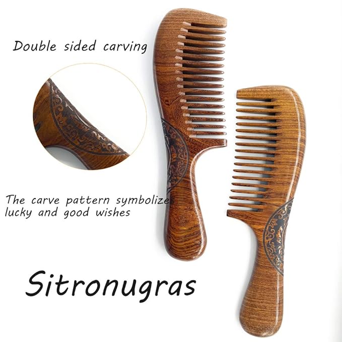 Natural Handmade Sandalwood Comb - Fine Tooth for Wavy, Thick, Thin, Straight Hair, No Static, No Snag, Reduce Tangles for Men, Women, Kids (Auspicious Carve Patterns)