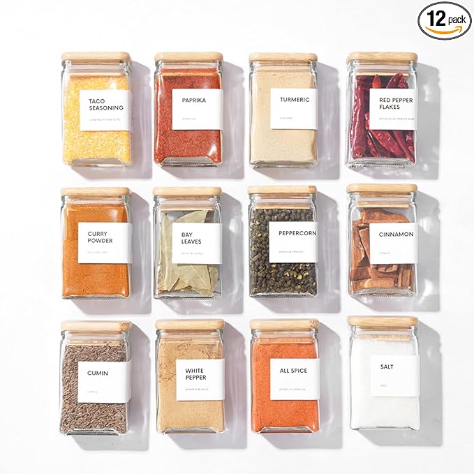 APT 1101 Glass Square Spice Jars with Labels, 4oz Glass Jars with Bamboo Lids, Spice Bottles, Seasoning Organizer, 12 Pack (White)