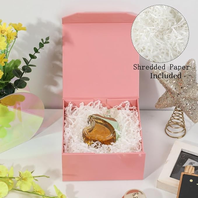 1 Pcs 6x6x3 Inch Pink Magnetic Gift Box Small Magnetic Box with Crinkle Paper Pink Small Gift Box with Shredded Paper Luxury Gift Boxes with Lids for Presents