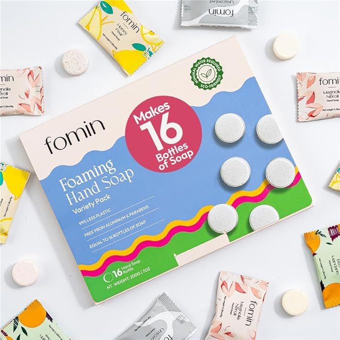 FOMIN Foaming Hand Soap Refills (16 Pack) - Variety Pack Foaming Hand Soap Tablets - Skin Friendly Foam Soap Refill for Hand Wash - Makes 128 fl oz (16 x 8 fl oz)