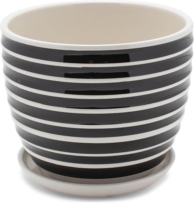 Napco Striped Black and White Ribbed 4 x 5 Inch Ceramic Flower Pot Planter with Saucer