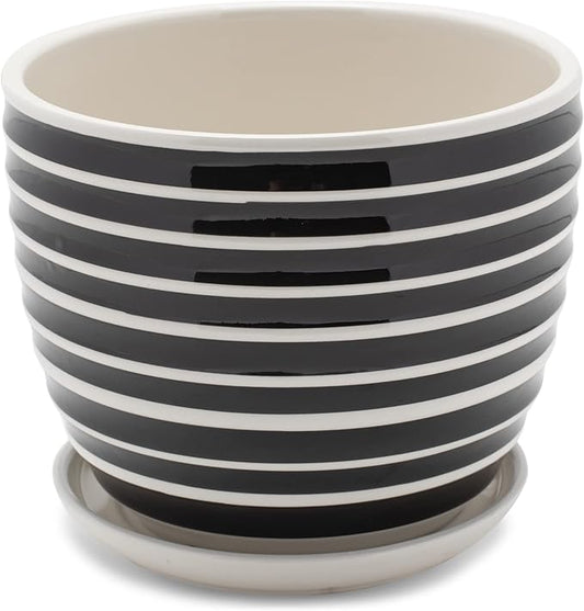 Napco Striped Black and White Ribbed 4 x 5 Inch Ceramic Flower Pot Planter with Saucer