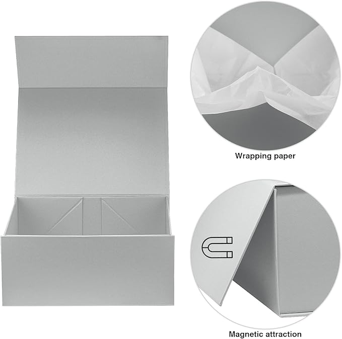 MOYEUPAC Silver Gift Box,9" X 7" X 4" with Lids for Presents Magnetic Closure Gift Packaging for Christmas, Halloween, Birthday and Various Holidays
