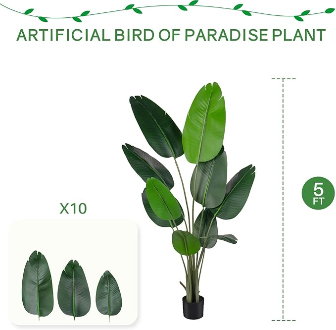 Artificial Bird of Paradise Tree for Home Decor, Fake Plants Areca Palm Tree Fake Silk Banana Leaf Tropical Trees Faux Tropical Palm Potted Dypsis Lutescens for Home Office Decor Housewarming