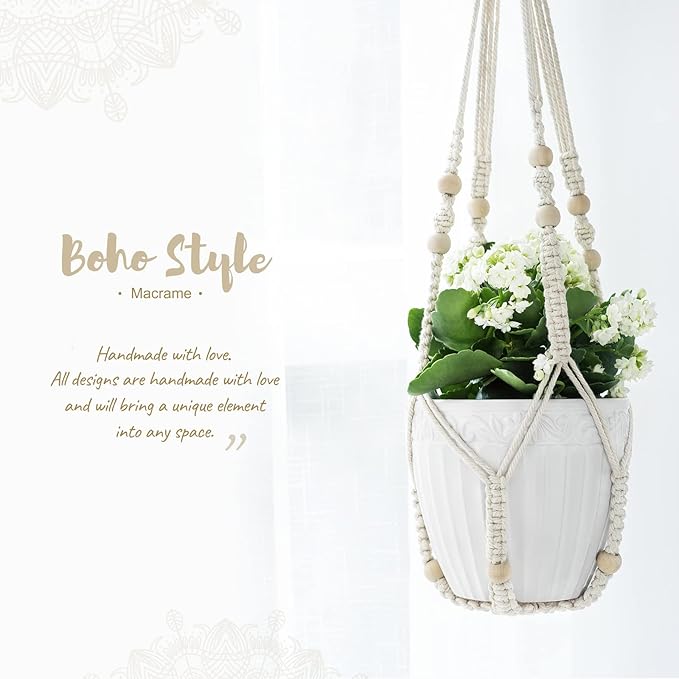 Mkono Macrame Plant Hanger Indoor Hanging Planter Basket with Wood Beads Decorative Flower Pot Holder No Tassels for Indoor Outdoor Boho Home Decor 35 Inch, Ivory, Set of 3 (POTS NOT Included)