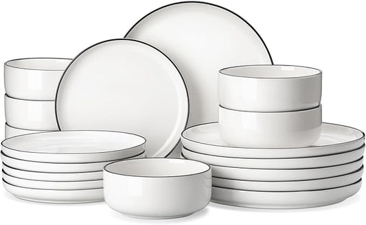 MALACASA Plates and Bowls Sets, 18 Pieces Modern Porcelain Dinnerware Set for 6 White Kitchen Dinner Ware Set wtih Black Rim Ceramic Dishware Dishes Microwave and Dishwasher Safe, Series LUNA