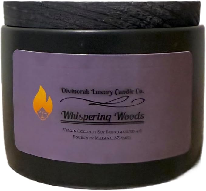 Divinorah Luxury Candle Co. Whispering Woods Scented Candle, Black Matte Glass Jar, Virgin Coconut Soy Blend, 4 oz, Fall Collection, Natural Fragrance
