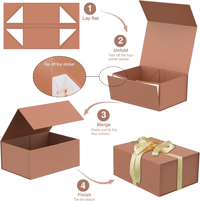 MOYEUPAC Gift Box,9" X 7" X 4" with Lids for Presents Magnetic Closure Gift Packaging Magneti for Halloween, Birthday, Christmas Gift Box Rose Gold with Ribbon