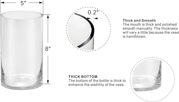 5’ Wide and 8" High Large Hand Blown Sturdy Clear Cylinder Glass Vase, Centerpiece Flower Vase for Rose, Tulip, Boquets, Hurricane Candle Holder (2, 5"x8")