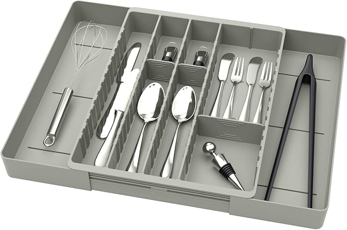 Fu Store Silverware Drawer Organizer DIY Customize Expandable Utensil Tray for Kitchen Upgraded Flatware Cutlery Holders Adjustable Plastic Tableware Storage for Spatula Spoons Forks Knives Light Gray