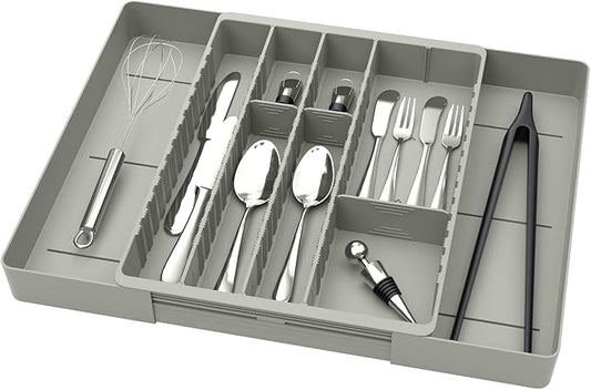Fu Store Silverware Drawer Organizer DIY Customize Expandable Utensil Tray for Kitchen Upgraded Flatware Cutlery Holders Adjustable Plastic Tableware Storage for Spatula Spoons Forks Knives Light Gray